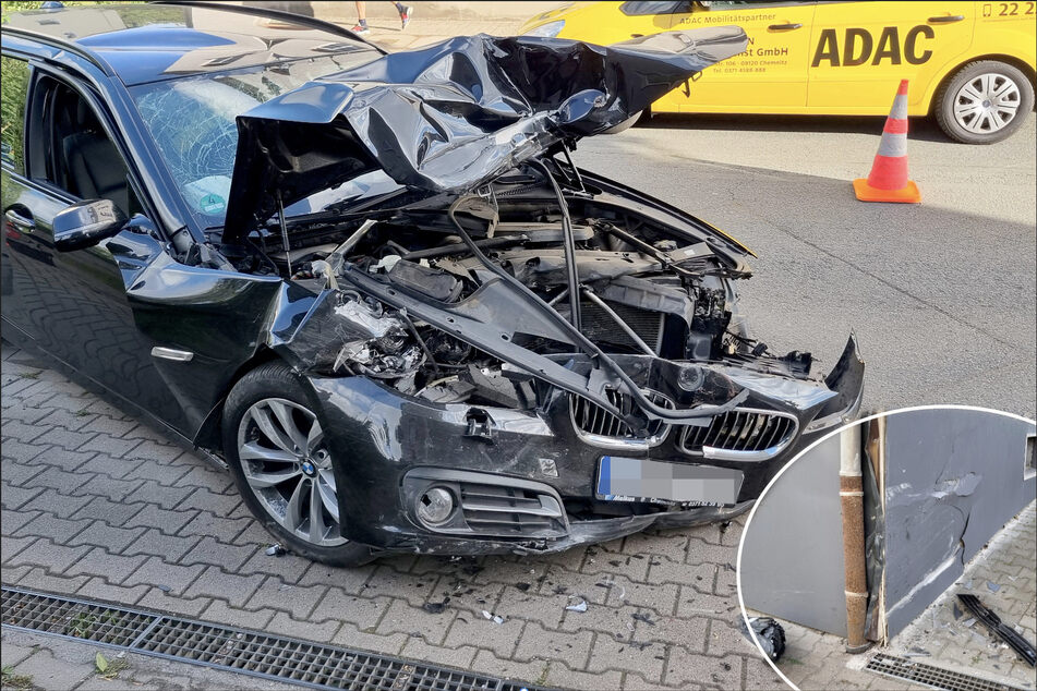 Unfall in Chemnitz: BMW prallt gegen Hauswand